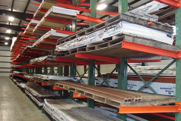 Supplies stored on cantilever rack
